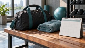 AIで生成した運動バッグとカレンダーのイメージ（実際の店舗・サービスの写真ではありません）